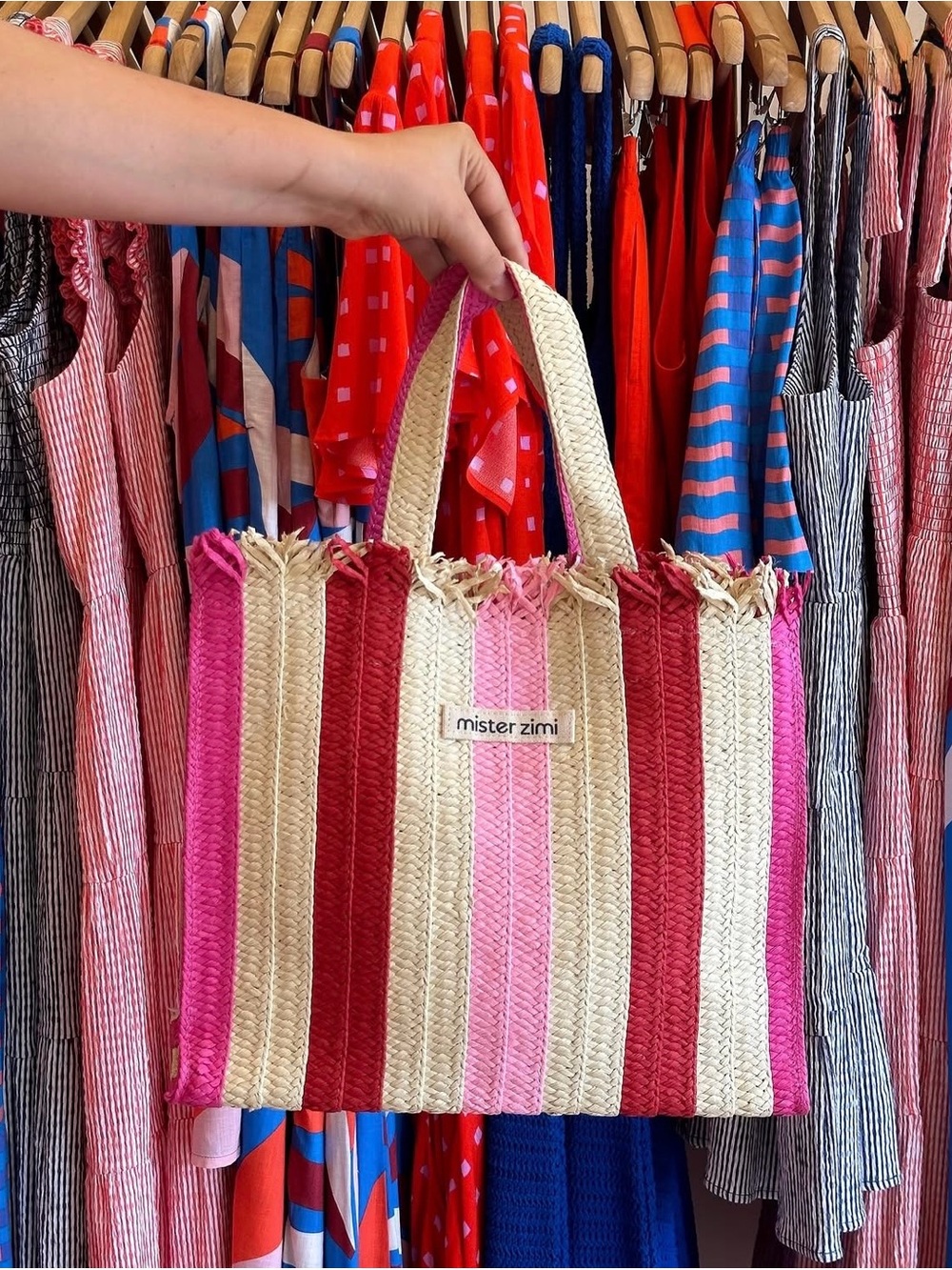Mister Zimi NEW Pink Red Straw Striped Summer Tote Bag In Sorbet - Picture 2 of 7